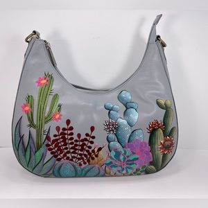 So Pretty! Anuschka Hand Painted Leather Hobo Shoulder Bag - SW Garden A…